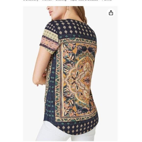 Lucky Brand Womens Boho Print Short Sleeve Top Gold blue medallion size 1X plus - Picture 13 of 13